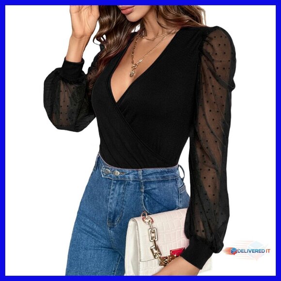 Tops - Deep V Neck Cross Wrap Mesh Long Sleeve Blouse Slim Fit